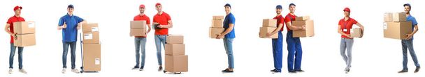 Set of couriers with parcels isolated on white - Zdjęcie, obraz