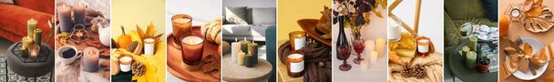 Autumn collection with glowing aroma candles at home - Foto, Imagen
