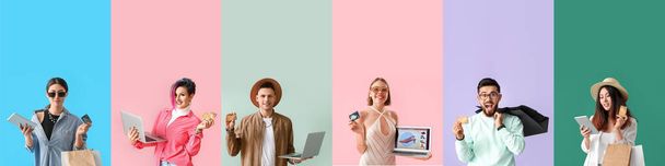 Set of people with bags, laptops, tablet computers and credit cards on color background. Online shopping - Foto, Imagem