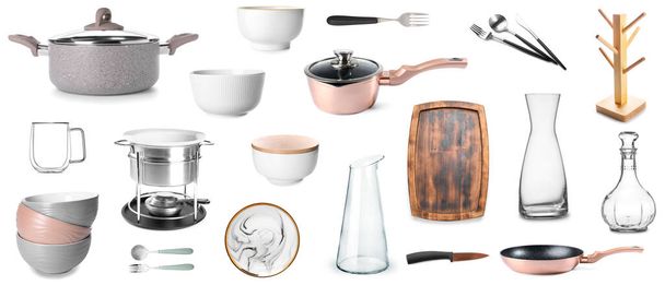 Collage of kitchen utensils on white background - Foto, afbeelding