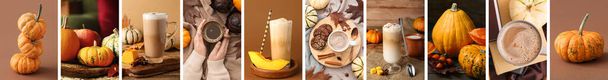 Collage of autumn pumpkins and tasty coffee beverages - Foto, Imagen