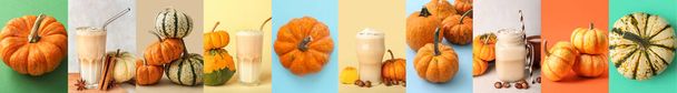 Autumn collage of pumpkins and tasty coffee beverages on color background - Φωτογραφία, εικόνα