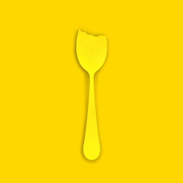 bitten spoon is yellow on yellow background. a bite mark on a spoon. famine. food crisis. Square image. 3D image. 3D rendering. - Photo, image