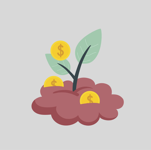 A Tree generates cash or money. A green plant growing brings gold coins or currencies as profits. Concept of long term investment, funding projects, passive income or dividend. Vector illustration - Vektör, Görsel