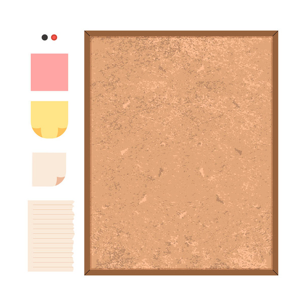 Framed cork board, note organizer with paper sheets, stickers or sticky notes, textbook or ruled notebook sheets, and pins. Vector set. - Vektor, obrázek