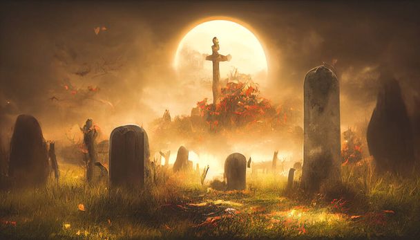 3D Render of Graveyard Cemetery In Spooky Dark Night for halloween concept. Scary Graveyard Wallpapers. - Foto, Bild