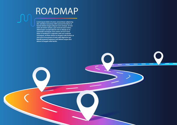 Roadmap infographic with milestones. Business concept for project management or business journey. Vector illustration of a winding road in dark mode design. - Vetor, Imagem