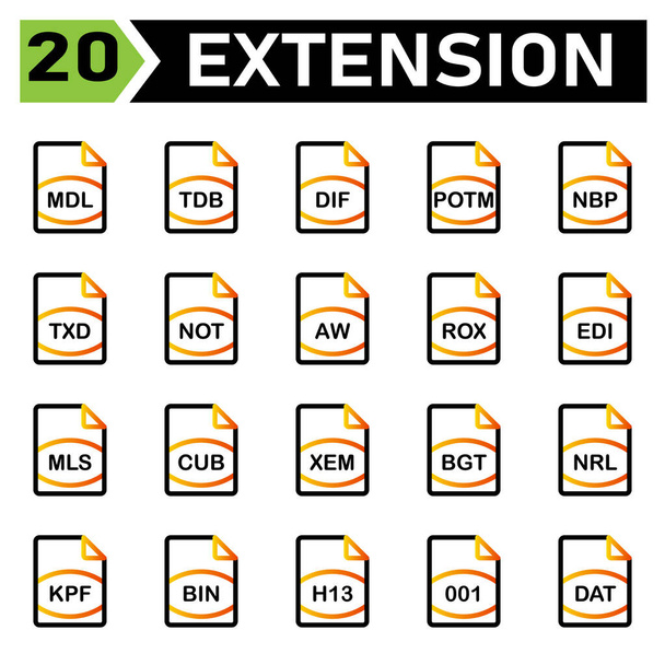 Піктограма розширення файлів включає mdl, tdb, dum, potm, nbp, txd, no, aw, rox, build, mls, cub, bgt, bgtl, kpf, bin, h13, 001, dat, file, document, extension, icon, type, set, format, vector, symbol
 - Вектор, зображення