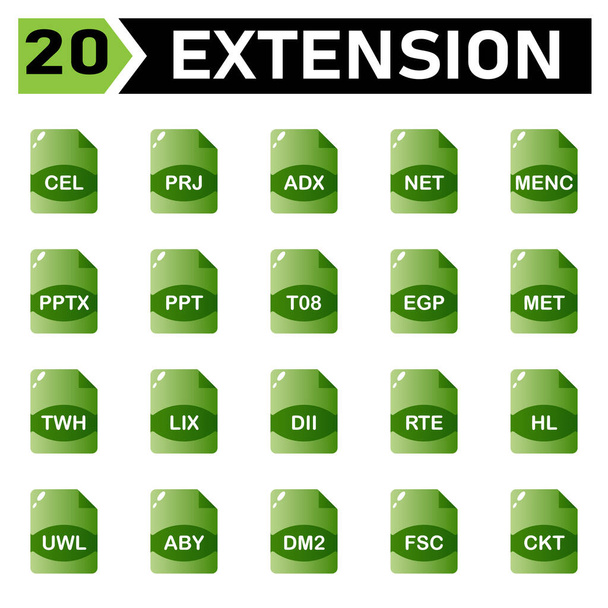 Піктограма розширення файлів включає в себе cel, prj, adx, net, kde, pptx, t08, egp, meet, twh, lix, Rte, Cte, Ct, Dm2, fsc, ckt
, - Вектор, зображення
