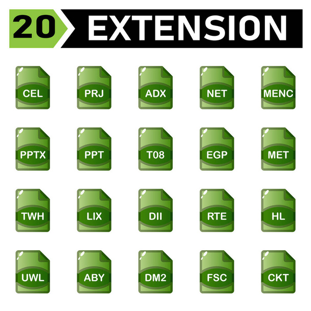 file extension icon include cel, prj, adx, net, menc, pptx, ppt, t08, egp, met, twh, lix, dii, rte, hl, uwl, aby, dm2, fsc, ckt, - Vector, Image