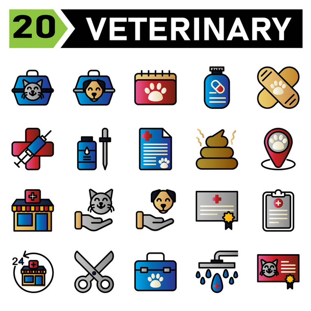 Veterinary icon set include carrier, vet, pet, box, cat, dog, calendar, appointment, veterinary, schedule, medication, supplement, vitamin, vaccine, bandied, clinic, medic, syringe, virus, flee - Vector, Imagen
