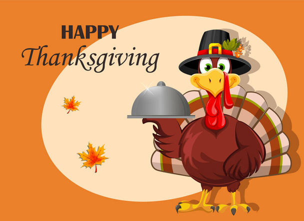 Happy Thanksgiving Day greeting card. Funny Thanksgiving Turkey bird in pilgrim hat holding domed tray. Stock vector illustration - Вектор,изображение