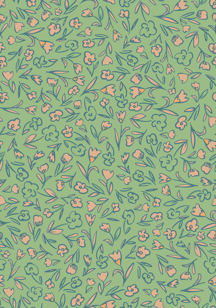 Cottage core floral seamless repeat pattern. Random placed, vector hand drawn flowers with leaves all over surface print on sage green background. - Vector, Image