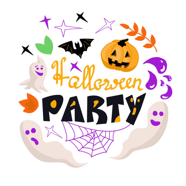 Halloween party lettering with witch hat, web, bat in doodle siyle - Διάνυσμα, εικόνα