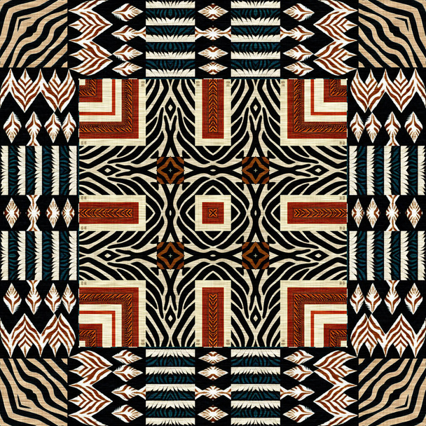 African kente cloth patchwork effect pattern. Seamless geometric quilt fabric all over background. Patched boho rug safari shirt repetitive tile swatch. - Photo, image