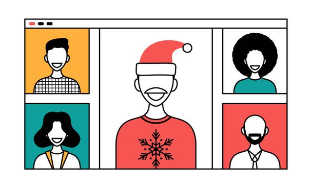 Christmas online greeting in outline style. people meeting online together with family or friends video calling on browser window virtual discussion. people meeting via videoconference on xmas. - ベクター画像