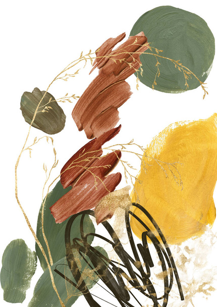 Watercolor autumn abstract composition of linear branch, yellow, brown and green spots. Hand painted card of plants isolated on white background. Botanical illustration for design, print, background - Φωτογραφία, εικόνα