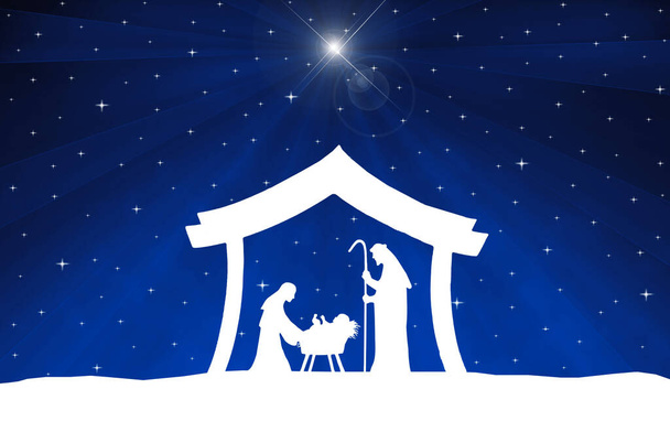 Noel Doğumu Sahnesi Mavi arka planda beyaz siluet - Fotoğraf, Görsel
