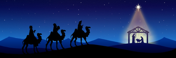 Christmas Nativity Scene black silhouette on blue background - Photo, Image