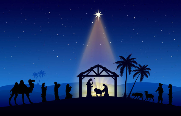 Kerststal Scene zwart silhouet op blauwe achtergrond - Foto, afbeelding
