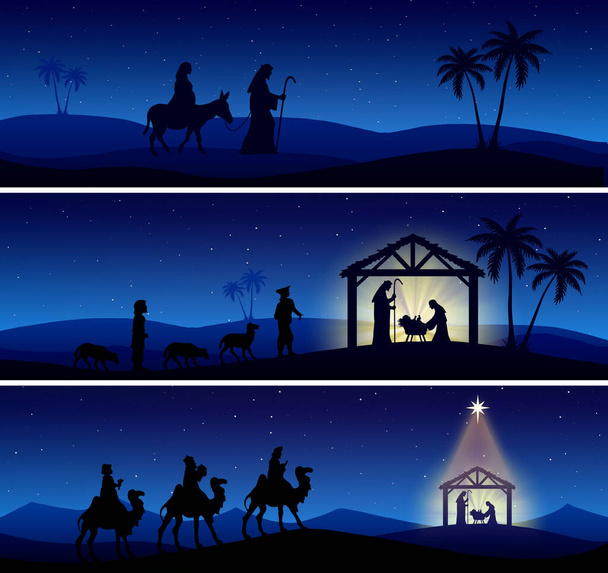 Christmas Nativity Scene banners blue background - Photo, Image