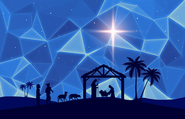 Carte de voeux de Noël bleue avec scène de la Nativité - Photo, image