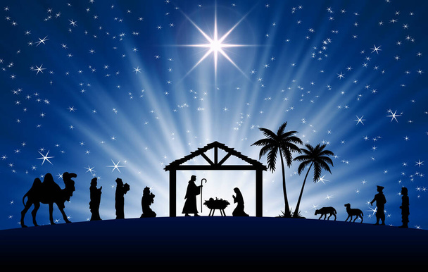 Blue Christmas Nativity scene greeting card background. - Photo, Image