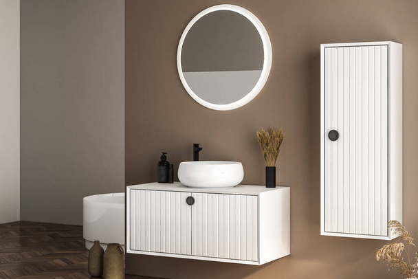 Modern bathroom interior with beige walls, white basin with oval mirror, bathtub and parquet floor. Minimalist beige bathroom with modern furniture. 3D rendering - Foto, immagini