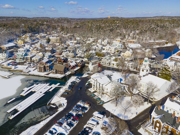 Manchester historic town center and harbor aerial view including First Congregational Church and Town Hall in winter, Manchester by the sea, Cape Ann, Massachusetts MA, USA. - Photo, image