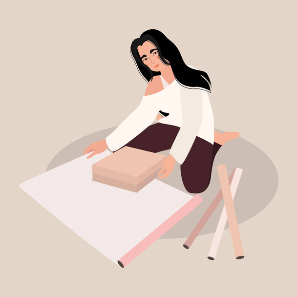 Young woman wrapping gifts for holidays with wrapping paper, ribbons and bows. Vector illustration - Вектор,изображение
