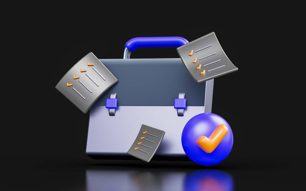 briefcase with document check mark sign on dark background 3d render concept for statement approve - Fotó, kép