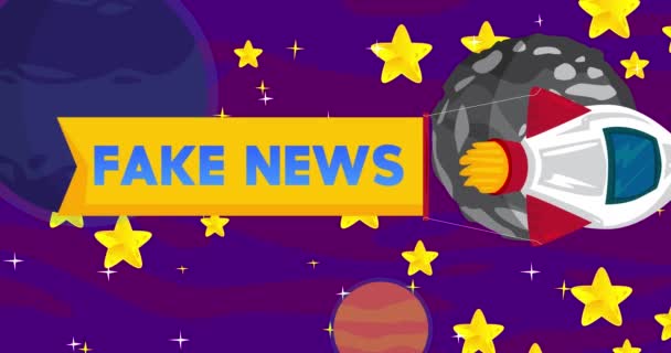Rocket with Fake News Banner in Space. Cartoon Animation. - Felvétel, videó