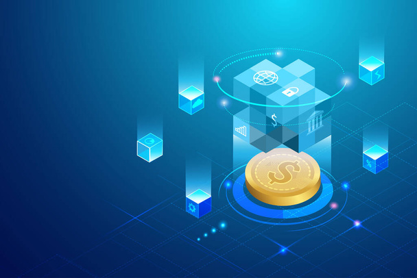Block chain financial security technology connecting digital banking service to money with secure transaction. Online exchange and transfer security financial data in futuristic background. - Vector, Imagen