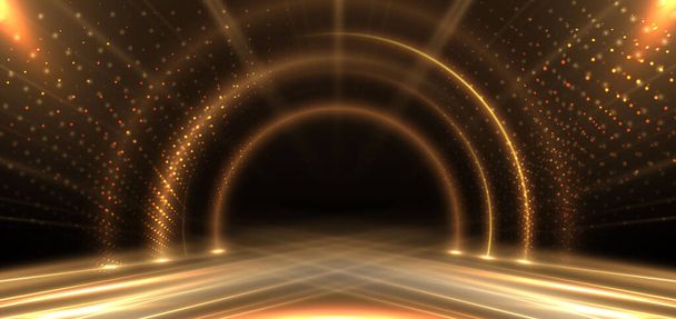 Elegant golden stage circle glowing with lighting effect sparkle on black background. Template premium award design. Vector illustration - Vector, imagen