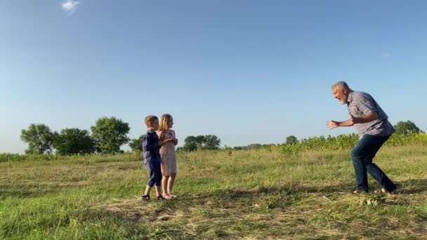 Cheerful father playing little boy and girl at sunset outdoors. Positive kids running away from grandpa, having fun together while leisure activity at nature. Family two children enjoying recreation. - Filmmaterial, Video