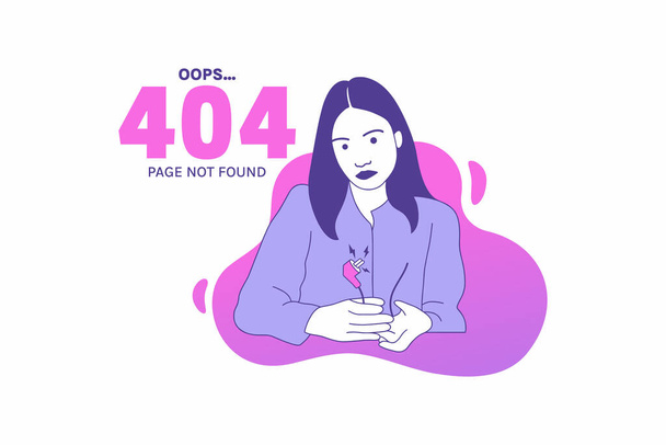 Illustrations woman holding cable internet plugs for Oops 404 error design concept landing page - Вектор,изображение