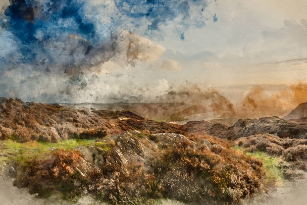 Digital watercolour painting of Epic Autumn sunset landscape image from Holme Fell looking towards Coniston Water in Lake District - 写真・画像
