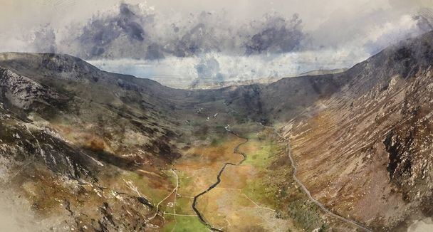 Digital watercolour painting of Aerial view of flying drone Stunning epic landscape image in Autumn looking down Nant Fracon valley from Llyn Idwal dramatic sky and copy space - Photo, image