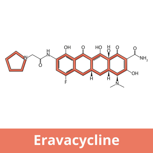 Eravacycline. A synthetic halogenated tetracycline class antibiotic with a broad spectrum of activity including many multi-drug resistant strains of bacteria. Chemical structure. - ベクター画像