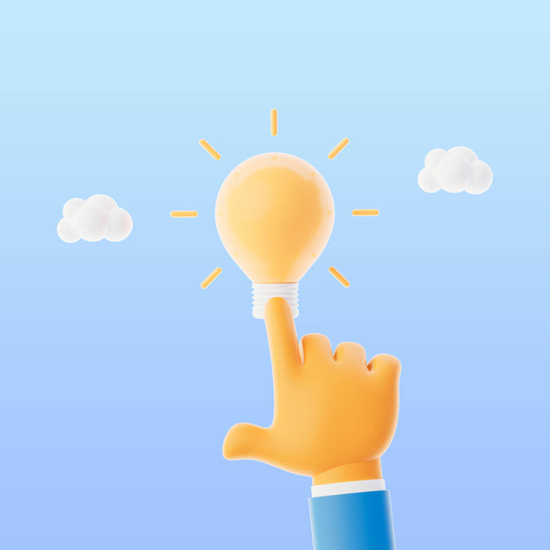 3d illuminated lightbulb with a hand pointing at it, Having a new creative idea, business strategy concept. 3d illustration. - Foto, Imagem