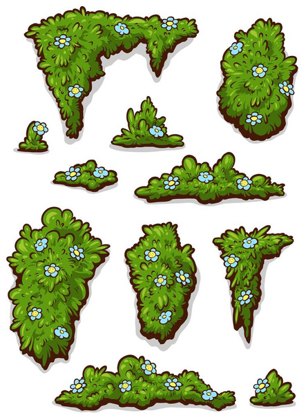 Cartoon green different bush and grass with blue flowers set. Vector icons isolated on white background. - Vektori, kuva