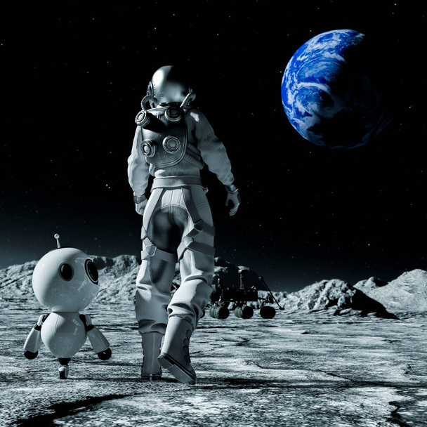 Astronot ve Ay 'daki uzay yürüyüşünde dünyaya bakan küçük bir robot. 3d oluşturma. - Fotoğraf, Görsel