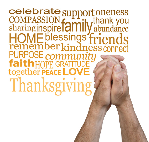 Woorden geassocieerd met gebed en Thanksgiving - mannelijke handen in gebed positie naast een vierkante vorm woord wolk relevant voor Thanksgiving op een witte achtergrond - Foto, afbeelding