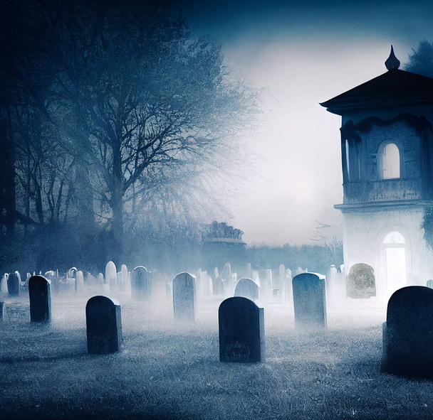 haunted dark graveyard at night Halloween background digital art - Photo, Image