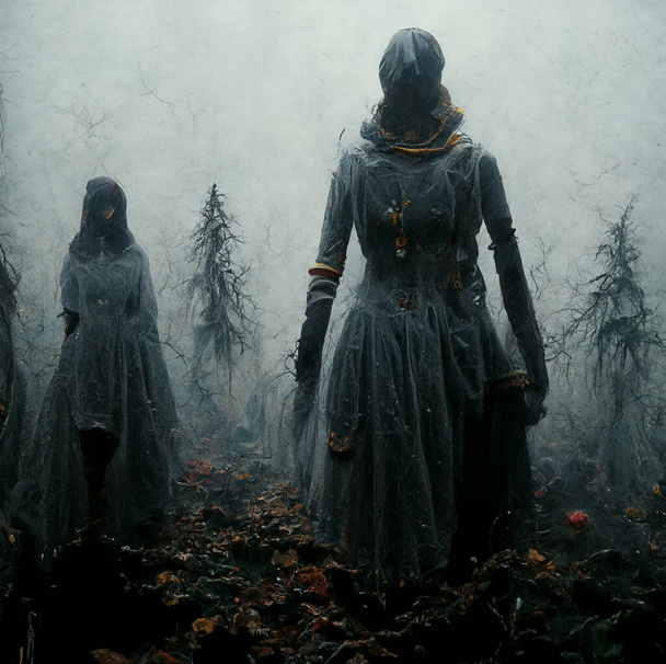 ghost women in fog Halloween background digital art - Foto, afbeelding