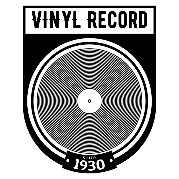 Vinyl Record since 1930 text black and whit logo icon. Classic music listening multimedia analog technology. Spinning record symbol.  - Vetor, Imagem