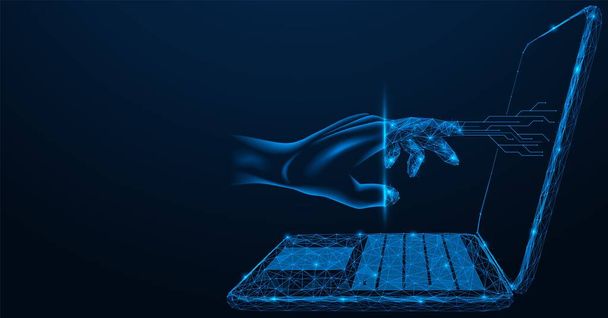 Hand is transformed into a personal computer access key. Polygonal design of lines and dots. Blue background. - Vector, Imagen