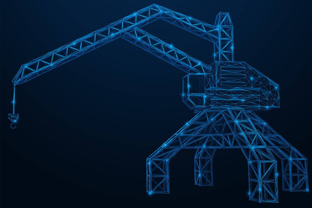 Port loading crane made of metal structures. Low-poly design of lines and dots. Blue background. - Wektor, obraz