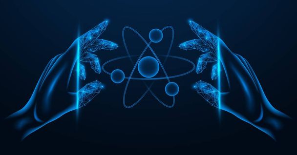 Nuclear energy management. Peaceful atom in the hands. Polygonal design. Blue background. - Vektör, Görsel