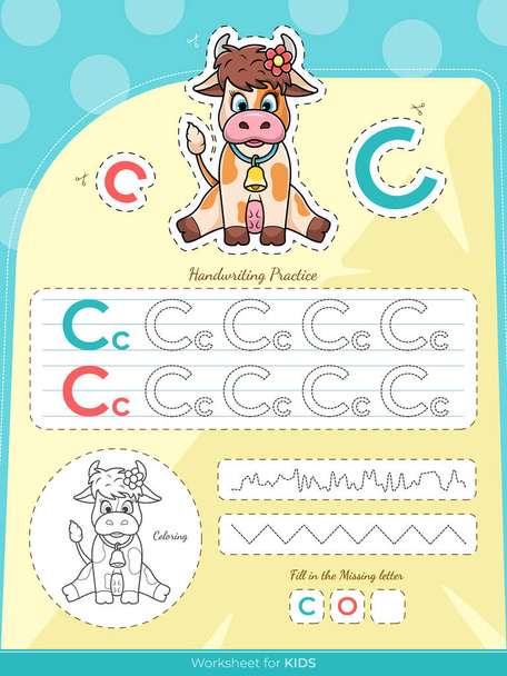 The education worksheet for kids with a cow and letters - Vektori, kuva